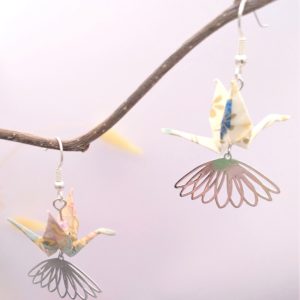 Boucles d'oreilles Origami - Grue sur fleur 花