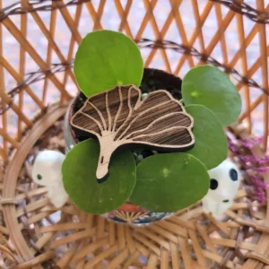 photo broche en bois feuille de gingko