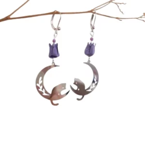 Boucles d’oreilles Origami – Lotus et chat dans la lune