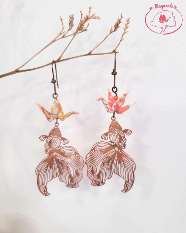 boucles d'oreilles en origami japonaises grues sur carpe koi 3