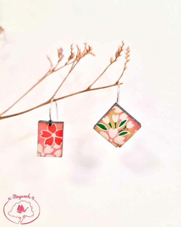 boucles d'oreilles en bois et washi géométrique sakura 1