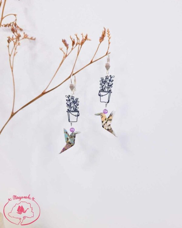 boucles d'oreilles en origami japonaises colombes pot de fleurs 3