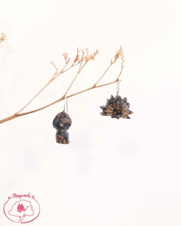 boucles d'oreilles en bois et washi kodama et kyubi 1