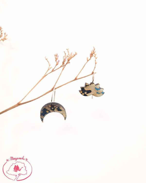 boucles d'oreilles en bois et washi lune 2