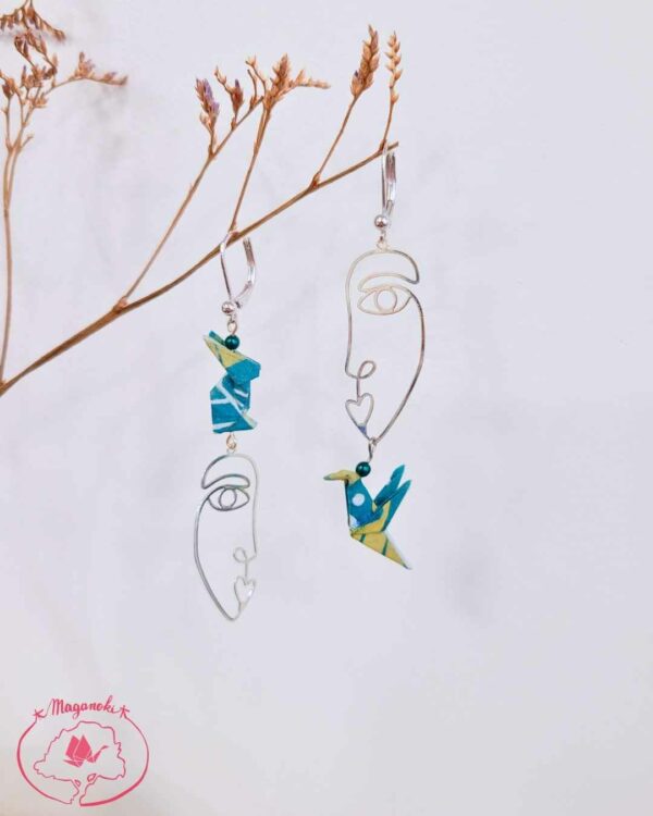 boucles d'oreilles en origami japonaises lapin et colombe visage artistique 3