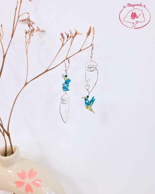 boucles d'oreilles en origami japonaises lapin et colombe visage artistique 2