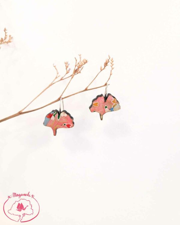 boucles d'oreilles en bois et washi ginkgo rose 1
