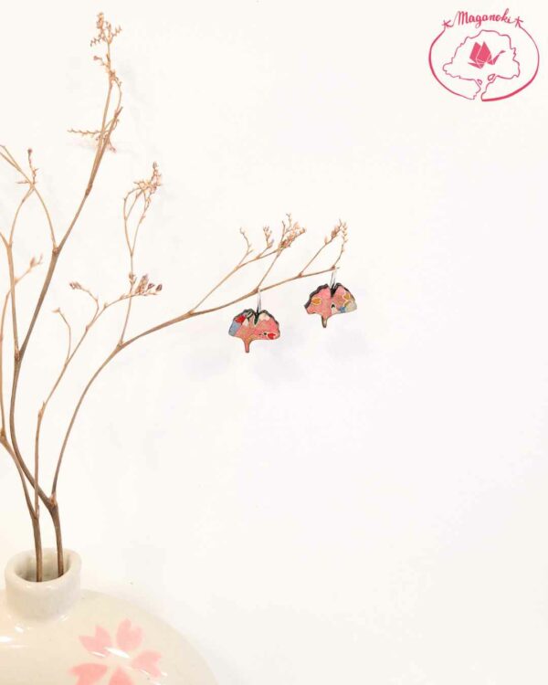boucles d'oreilles en bois et washi ginkgo rose 2