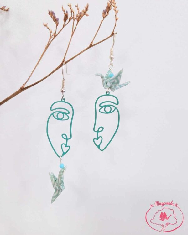 boucles d'oreilles en origami japonaises grues et colombe avec un visage 3