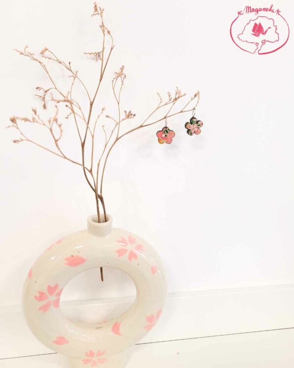 boucles d'oreilles en bois et washi fleur rose 3
