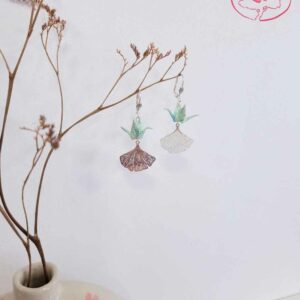 boucles d'oreilles en origami japonaises grues et feuille de ginkgo 2