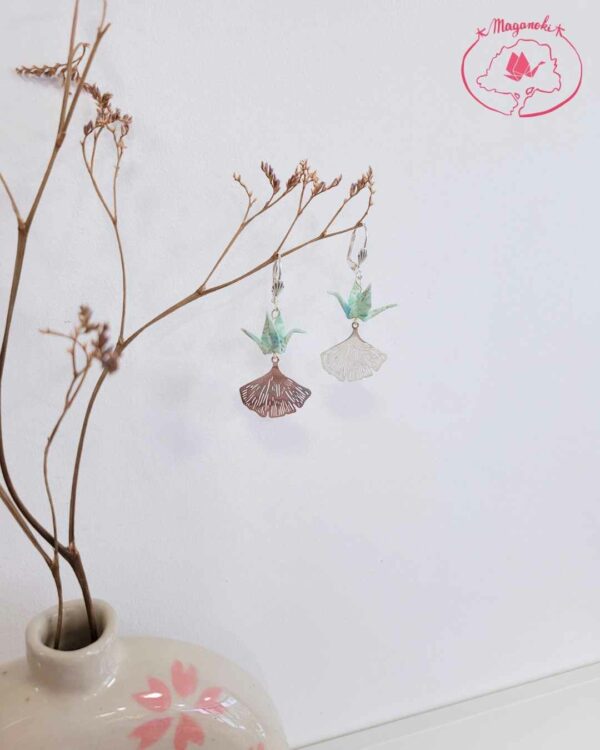 boucles d'oreilles en origami japonaises grues et feuille de ginkgo 2