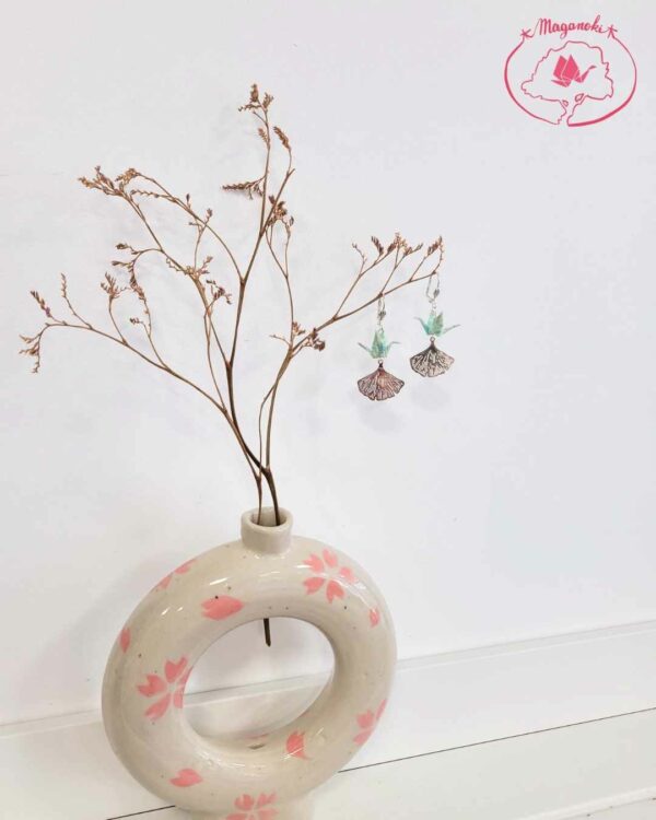 boucles d'oreilles en origami japonaises grues et feuille de ginkgo