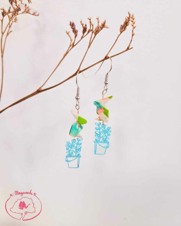 boucles d'oreilles en origami japonaises lapins pot de fleur 2