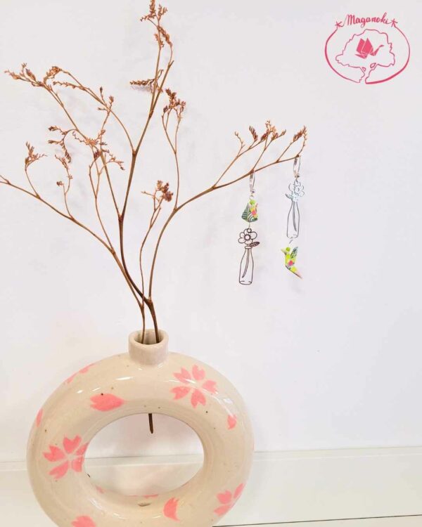boucles d'oreilles en origami japonaises lotus et colombes fleur en bouteille