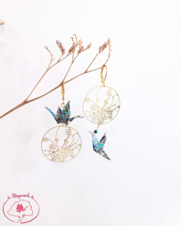 boucles d'oreilles en origami japonaises grues et colombes fleurs dorées 3