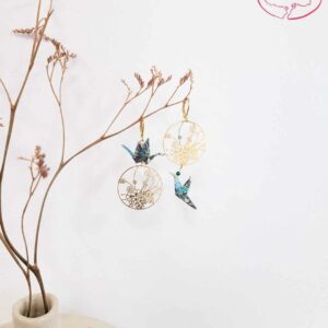 boucles d'oreilles en origami japonaises grues et colombes fleurs dorées 2