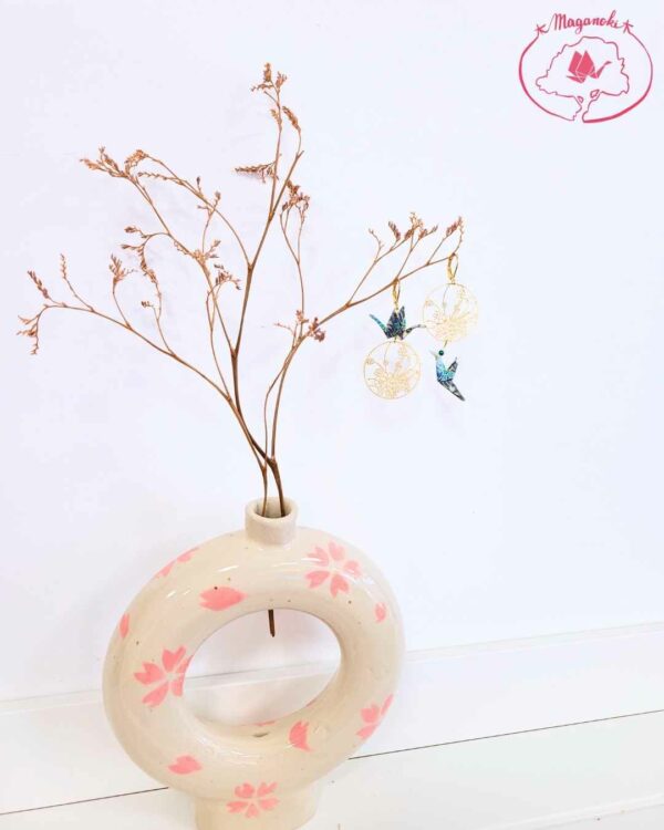 boucles d'oreilles en origami japonaises grues et colombes fleurs dorées