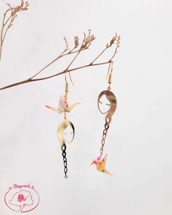 boucles d'oreilles en origami japonaises colombes et grues pastelles et femme à la tresse 3