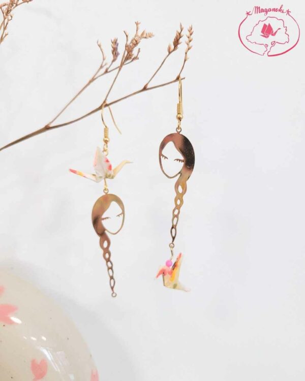 boucles d'oreilles en origami japonaises colombes et grues pastelles et femme à la tresse 2