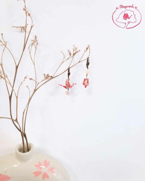 boucles d'oreilles en origami japonaises lotus et grues rouges sur sakura 2