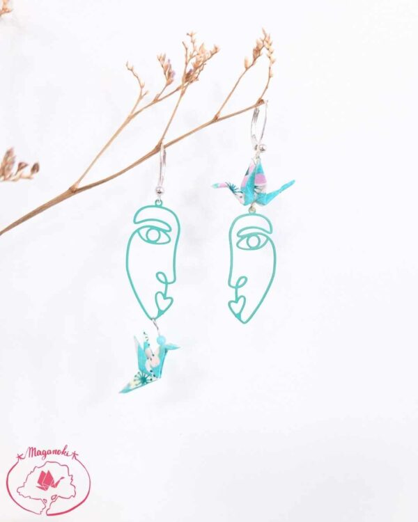 boucles d'oreilles en origami japonaises colombes et grues pastelles sur visages 3
