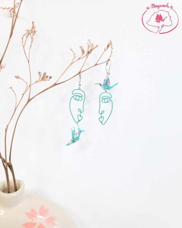 boucles d'oreilles en origami japonaises colombes et grues pastelles sur visages 2