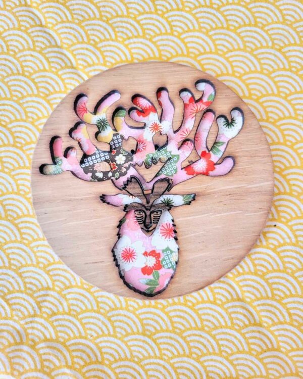 cadres bois et washi - dieu-cerf - sakura rose 3