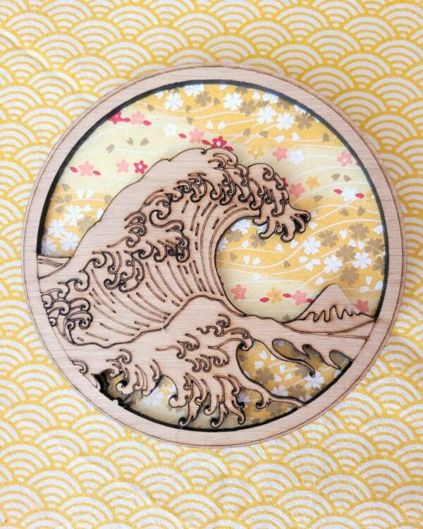 cadres en bois vague d'Hokusaï - la grande vague de Kanazawa - Sakura jaune 3