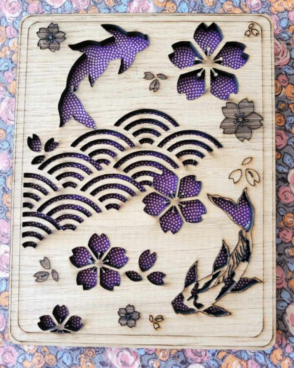 cadre en bois estampes carpes et sakura - violet