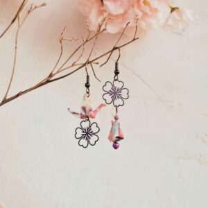 boucles d'oreilles origami : grue et lotus sur sakura