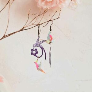 boucles d'oreilles origami grue et colibri fleurs du paradis violet