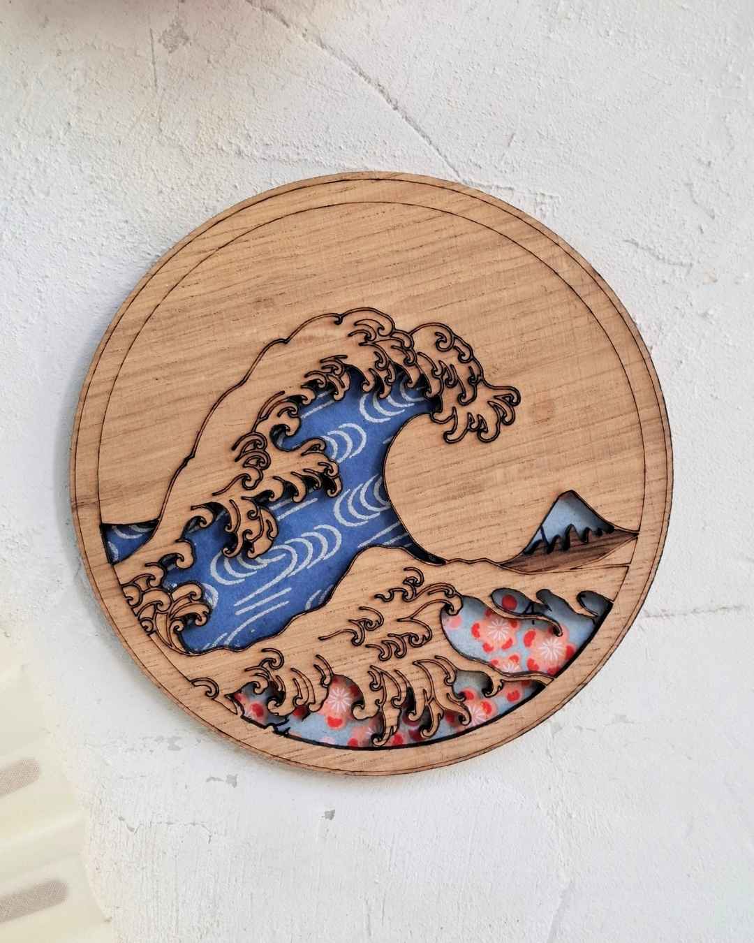 cadre en bois la grande vague de kanazawa - Hokusaï - vague colorée : bleue 2