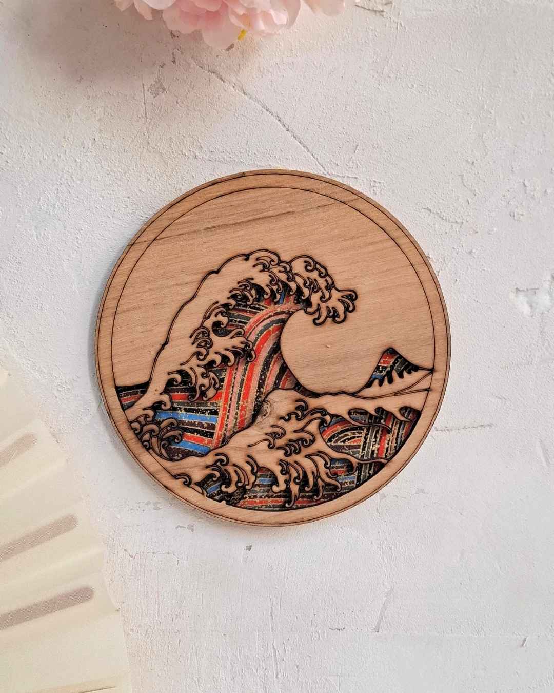 cadre en bois la grande vague de kanazawa - Hokusaï - vague colorée : arc-en-ciel 2